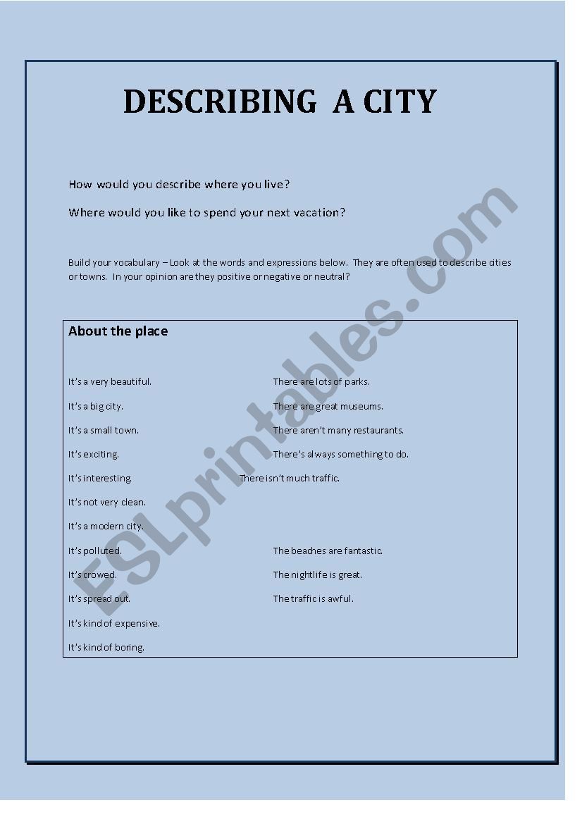 Describing a City worksheet