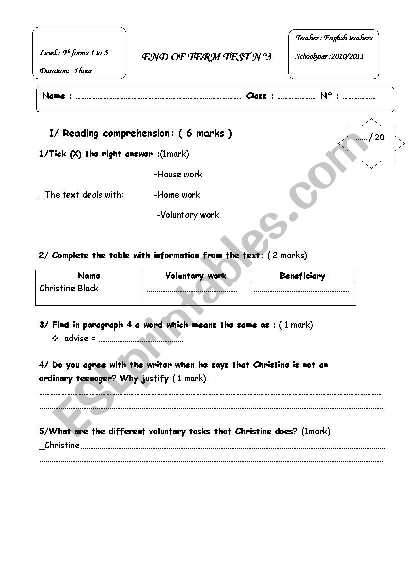 End term test n 3 worksheet