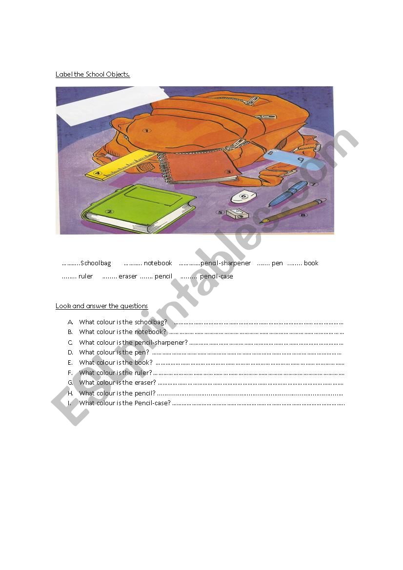 School Objects and colours worksheet