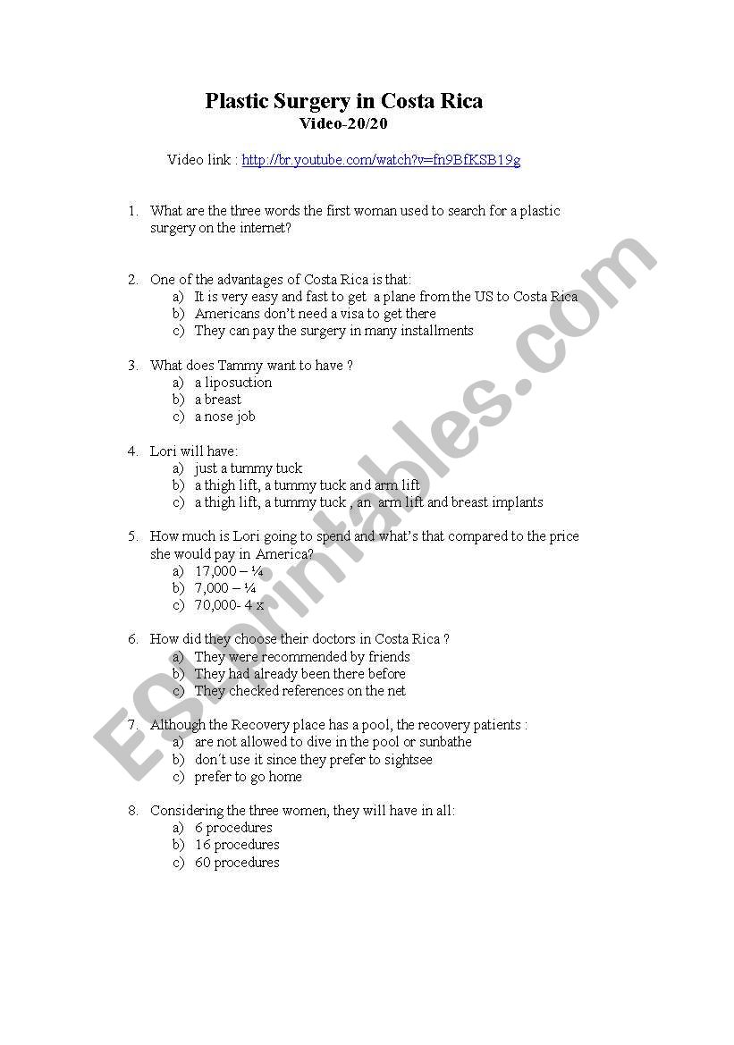 Plastic Surgery in Costa Rica worksheet