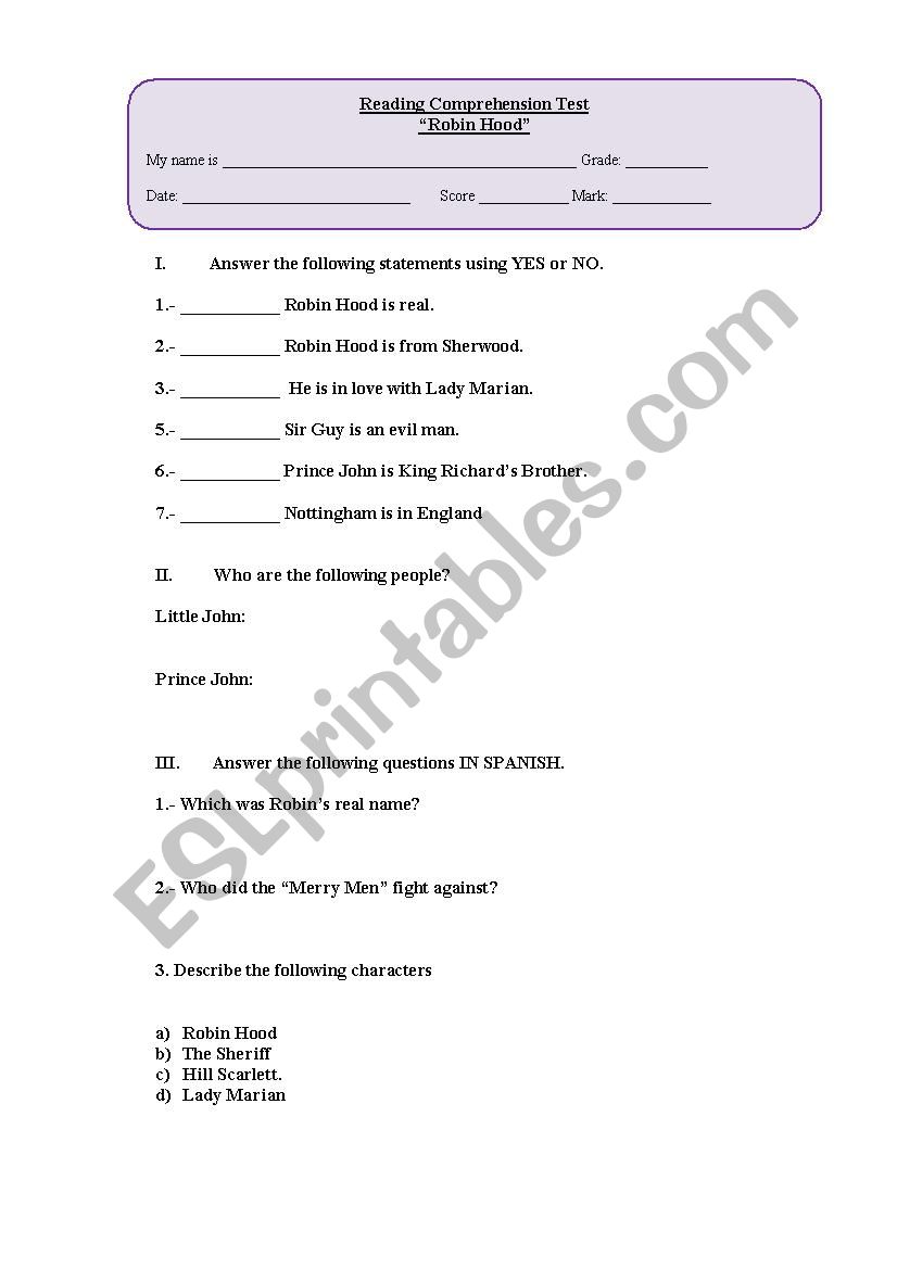 Robin Hood Test worksheet