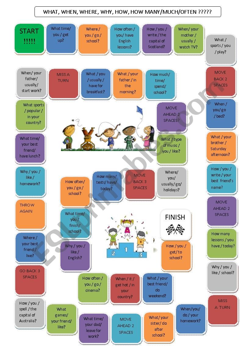 Object Question Board Game with What, What time, What type,  When, Where, Why, How many/much/often....???