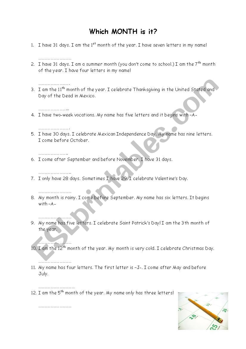Month of the year worksheet