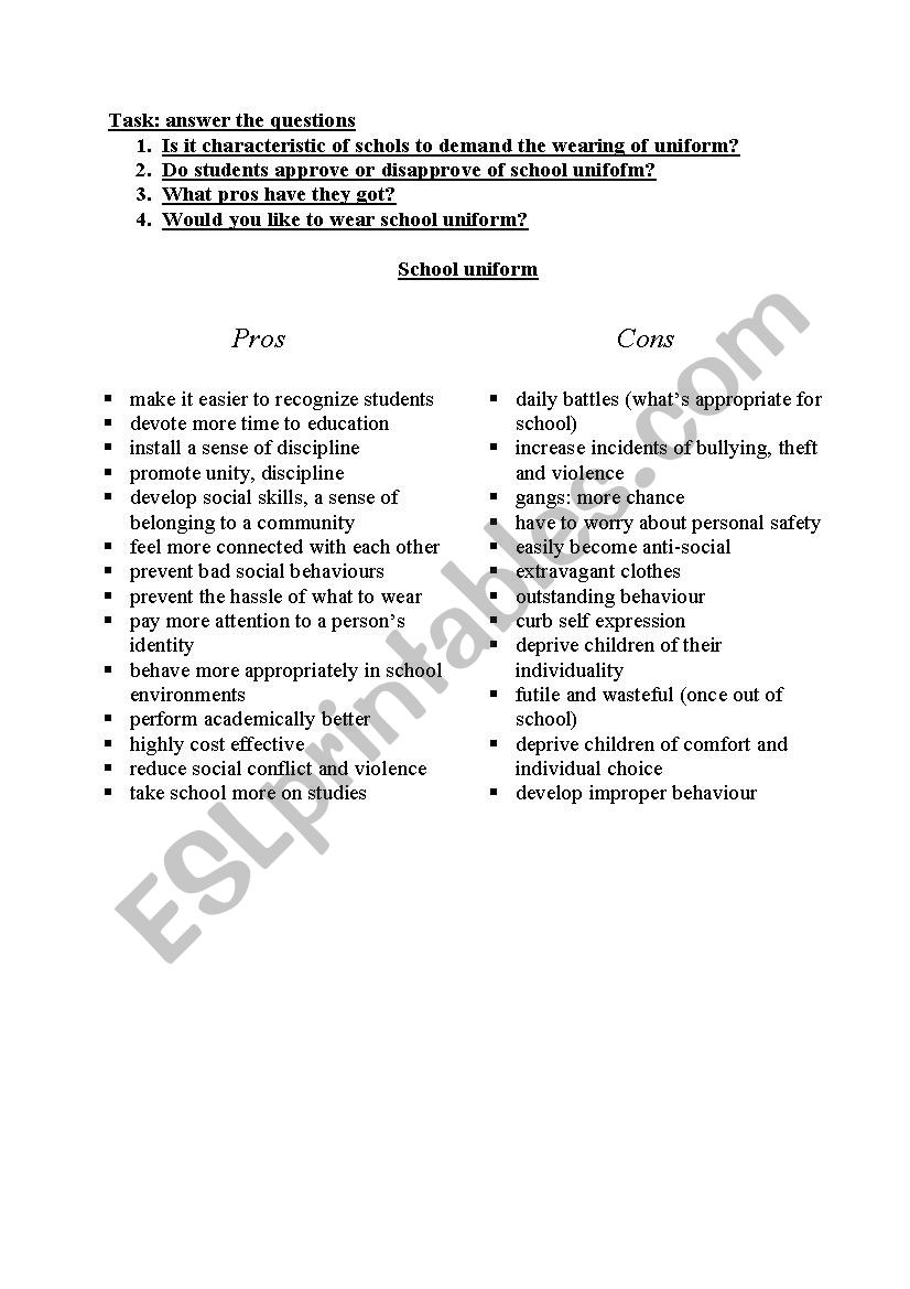 school uniform worksheet