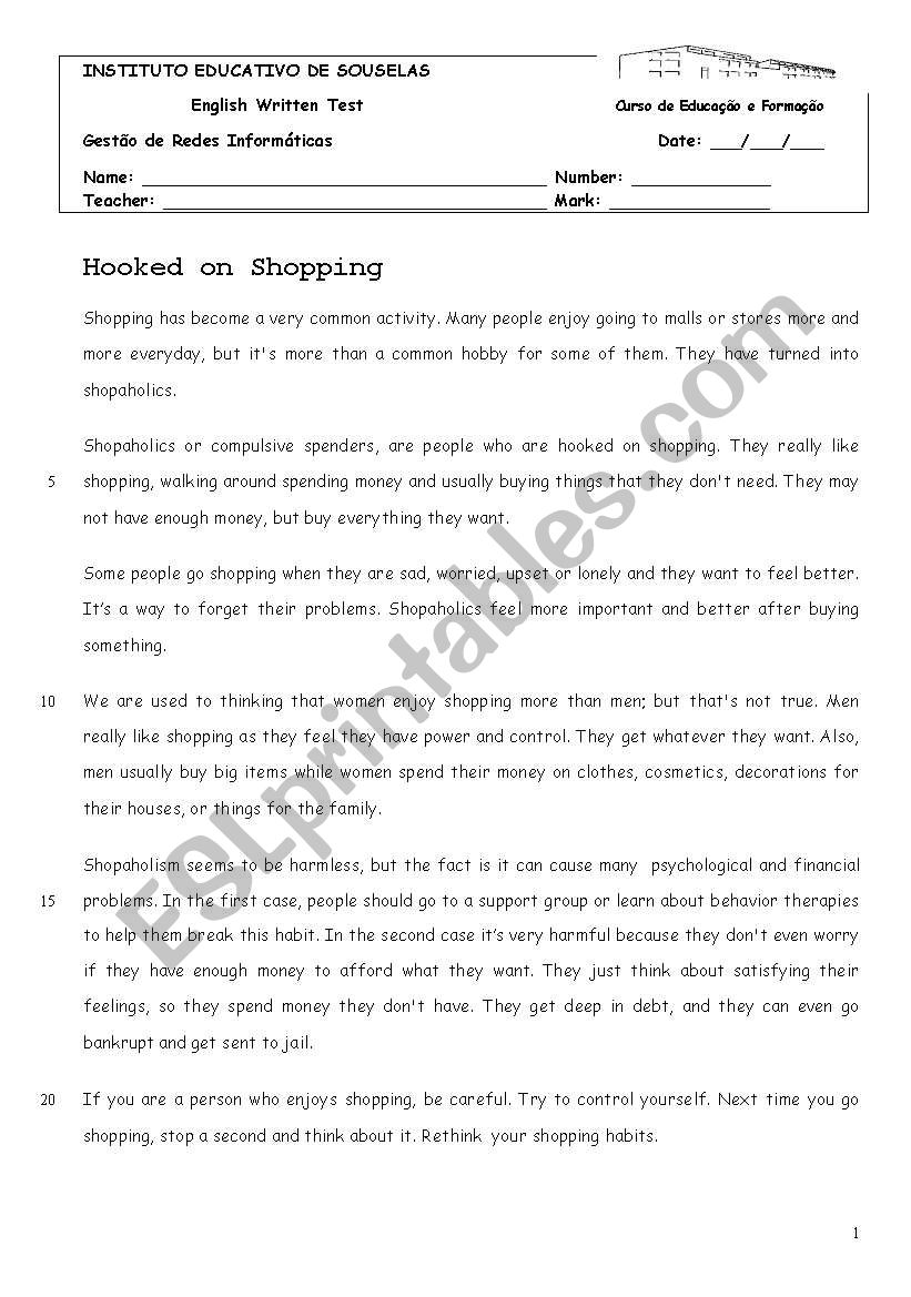 Hooked on Shopping worksheet