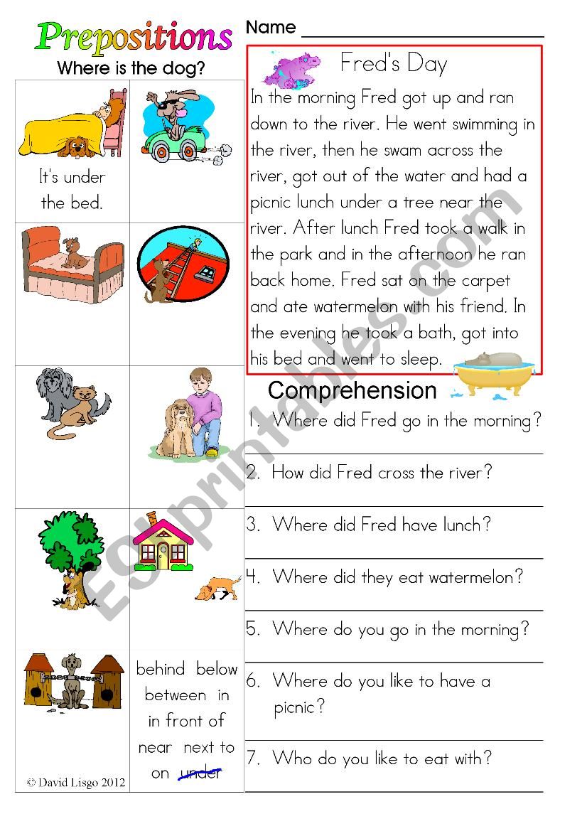 Prepositions: Freds Day in colour and grayscale