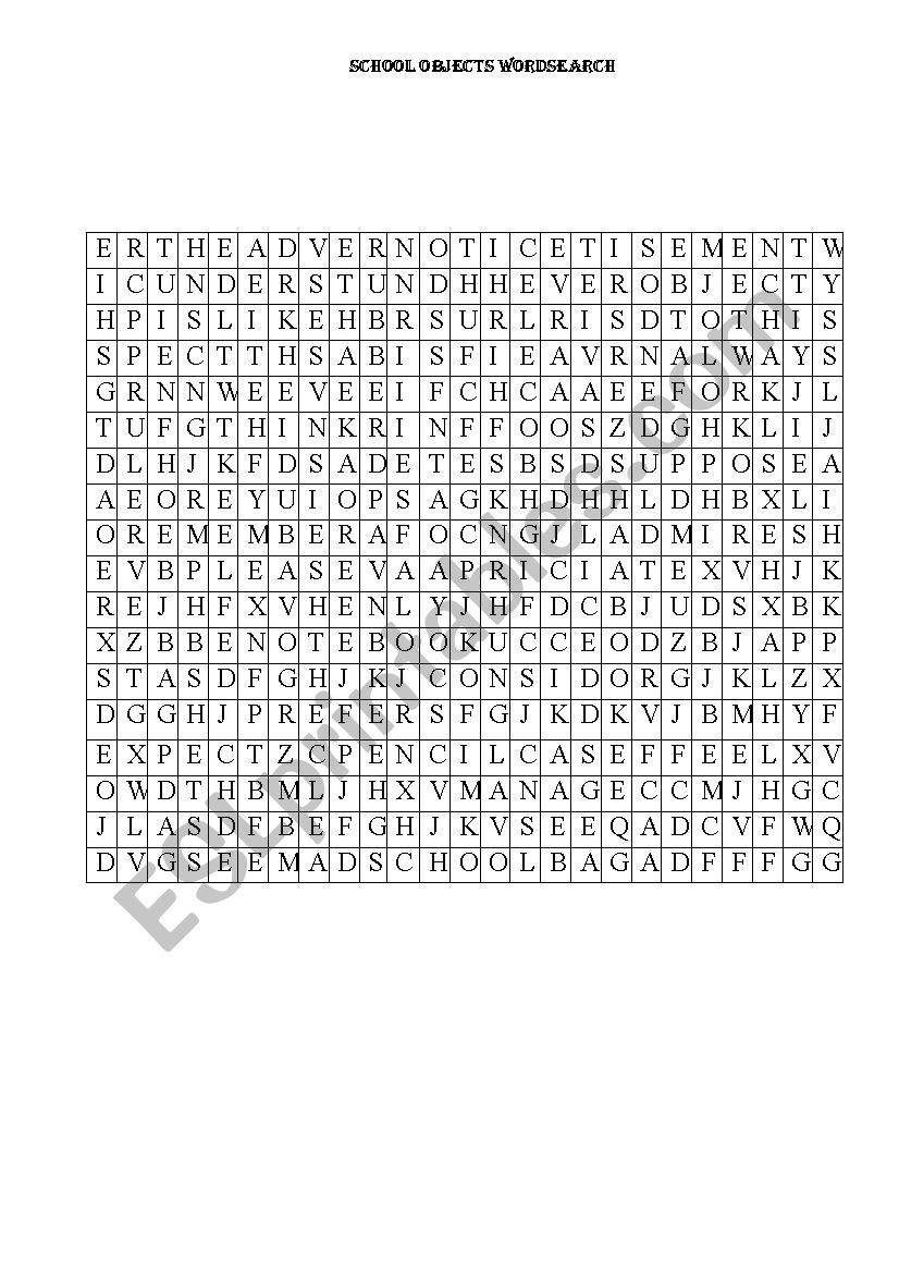 School objects wordsearch worksheet