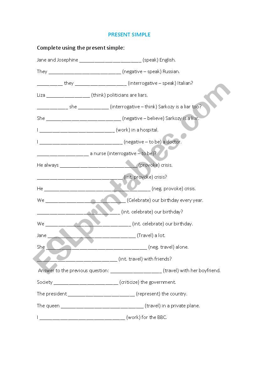 Exercises present simple - specially 3rd person singular