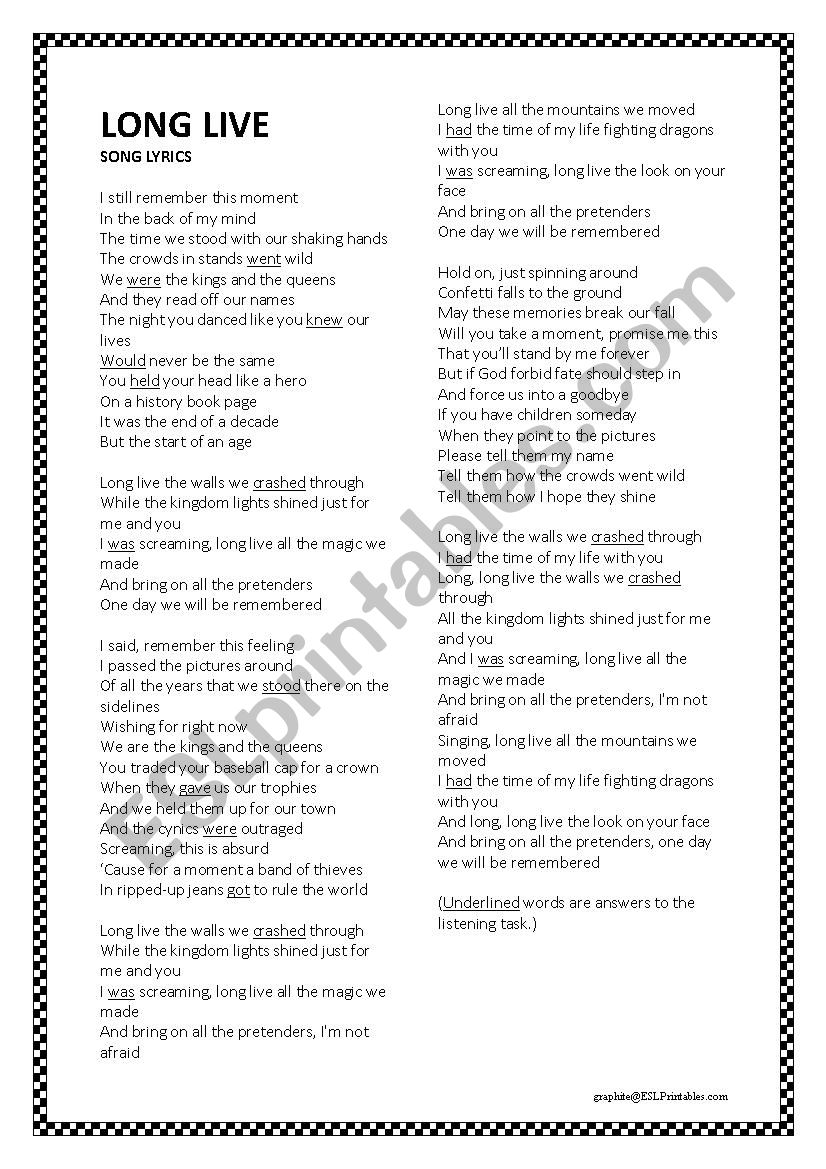 Taylor Swift Long Live Esl Worksheet By Graphite