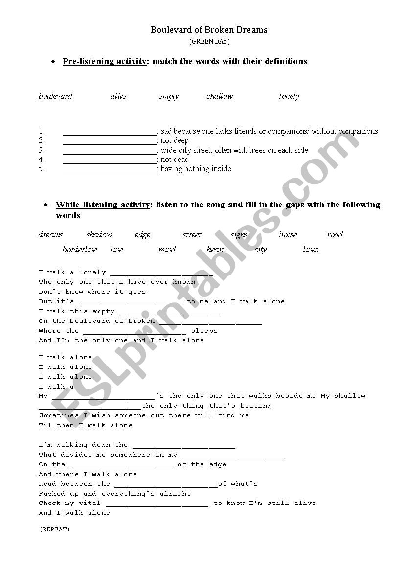 Boulevard of broken dreams worksheet