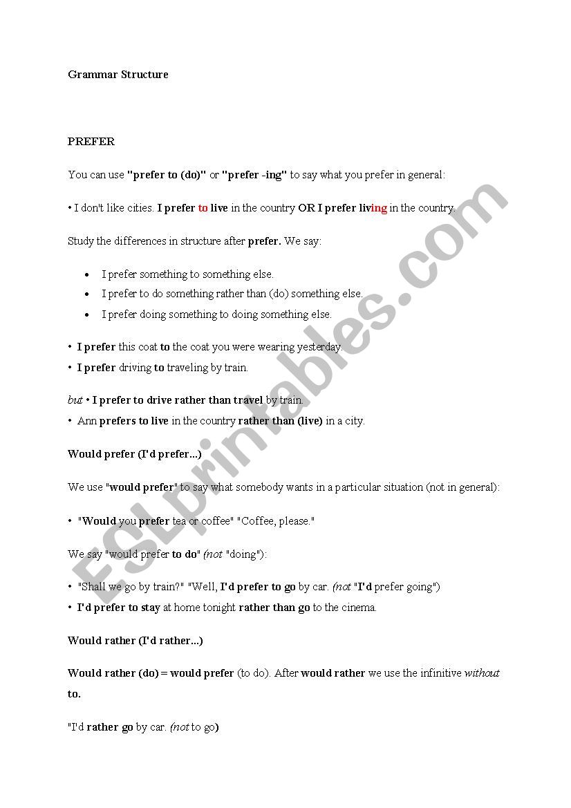 preference grammar topic worksheet
