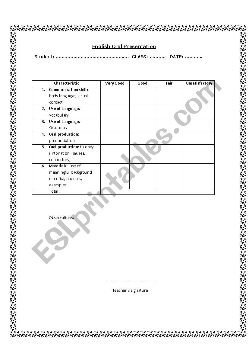 Oral presentation : evaluation chart 