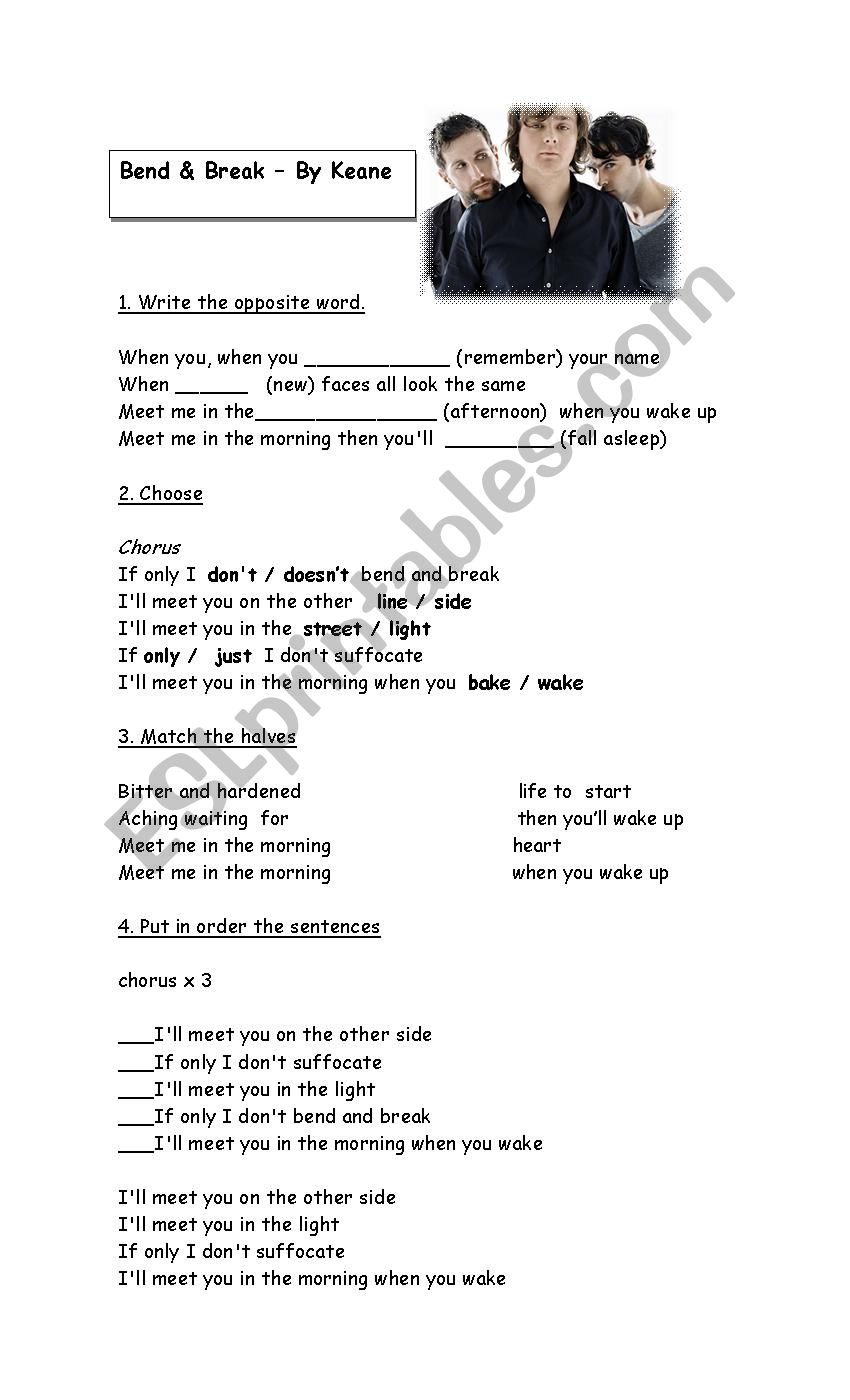 Bend and Brake by Keane worksheet