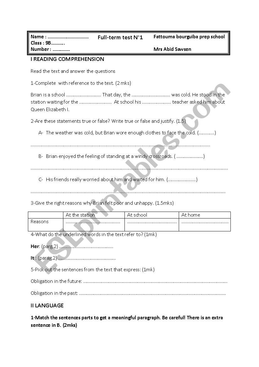 9TH FORM FULL TERM TEST 1 worksheet