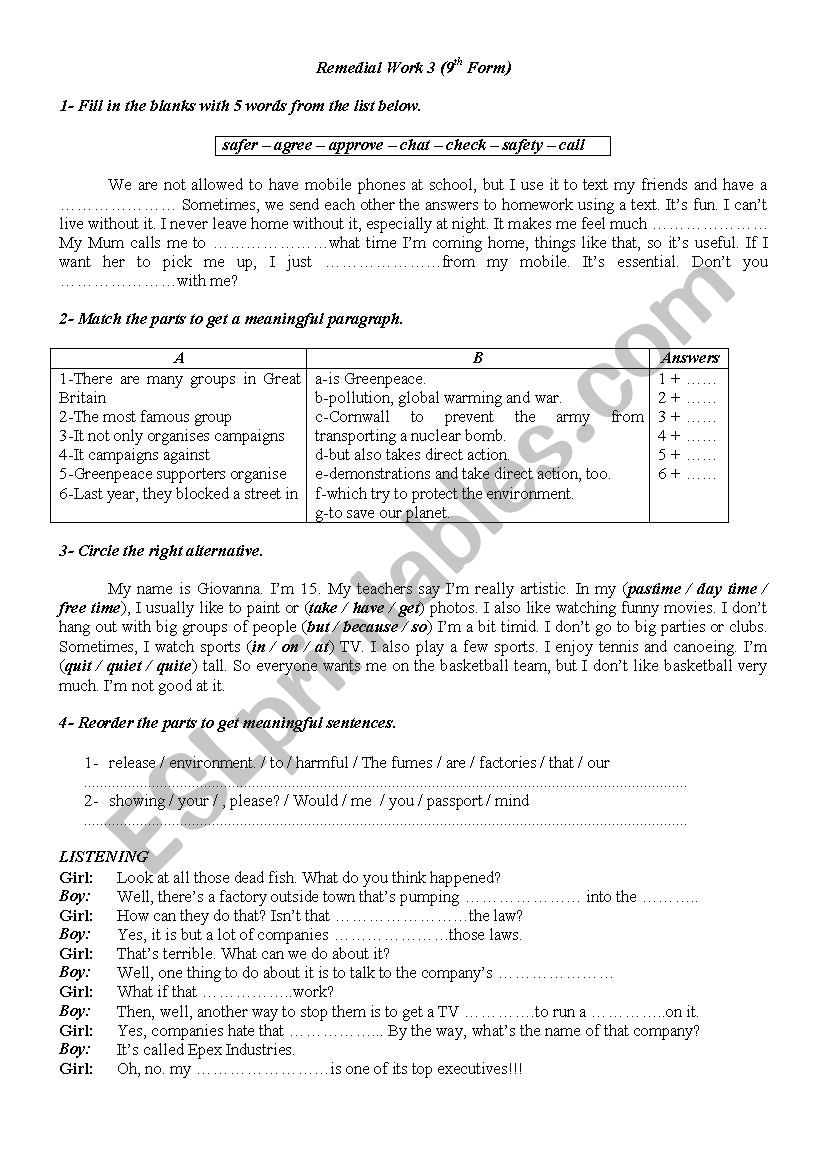 9 Form Remedial work 3 worksheet