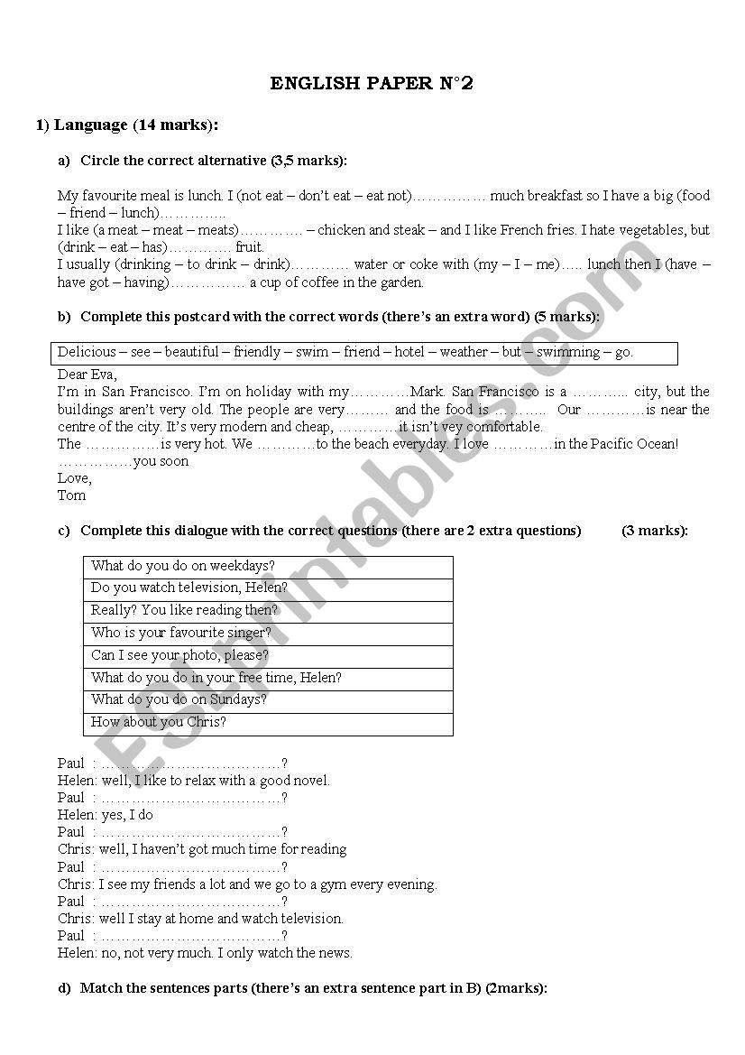 English test worksheet