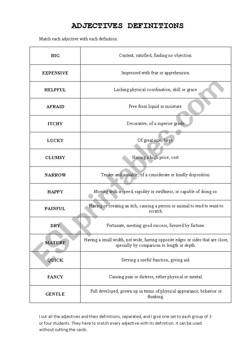 ADJECTIVES DEFINITIONS worksheet