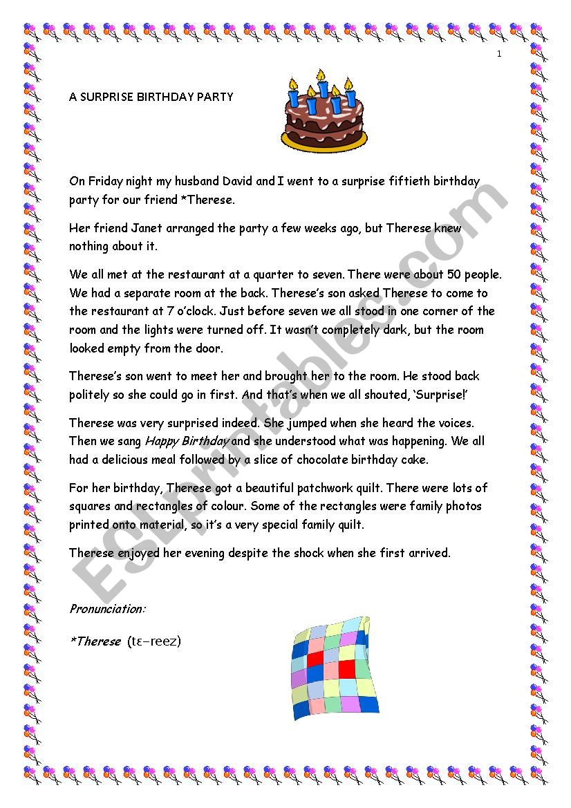 A Surprise Birthday Party worksheet