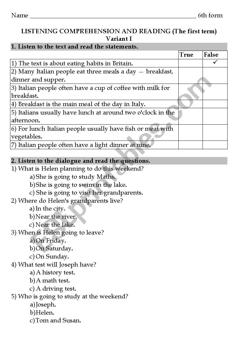 Listening comprehension and reading (first term, 6th formers)