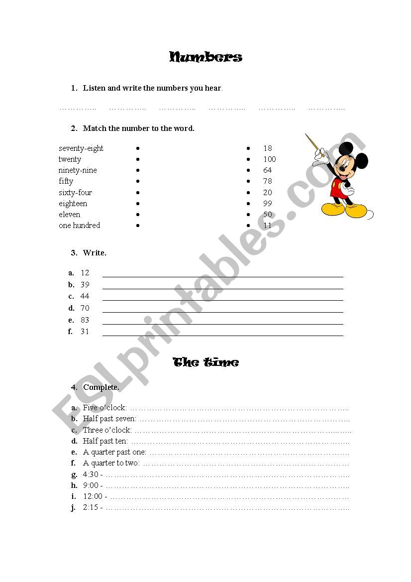 The numbers and the time worksheet