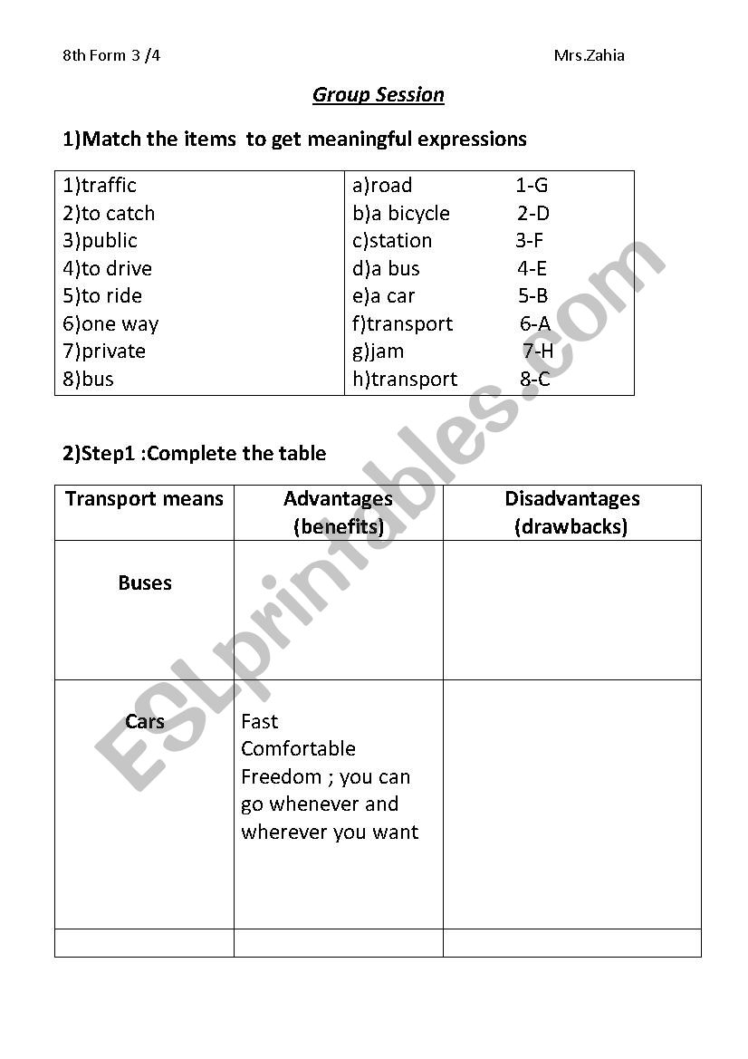 transport worksheet