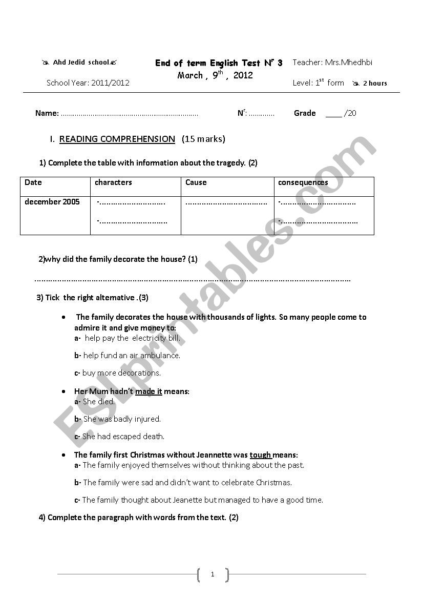 global test 3 worksheet