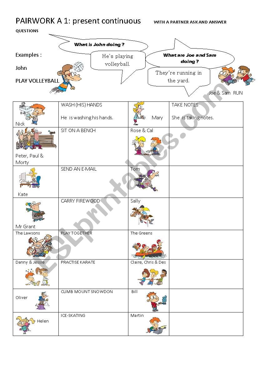 PRESENT CONTINUOUS PAIR WORK worksheet