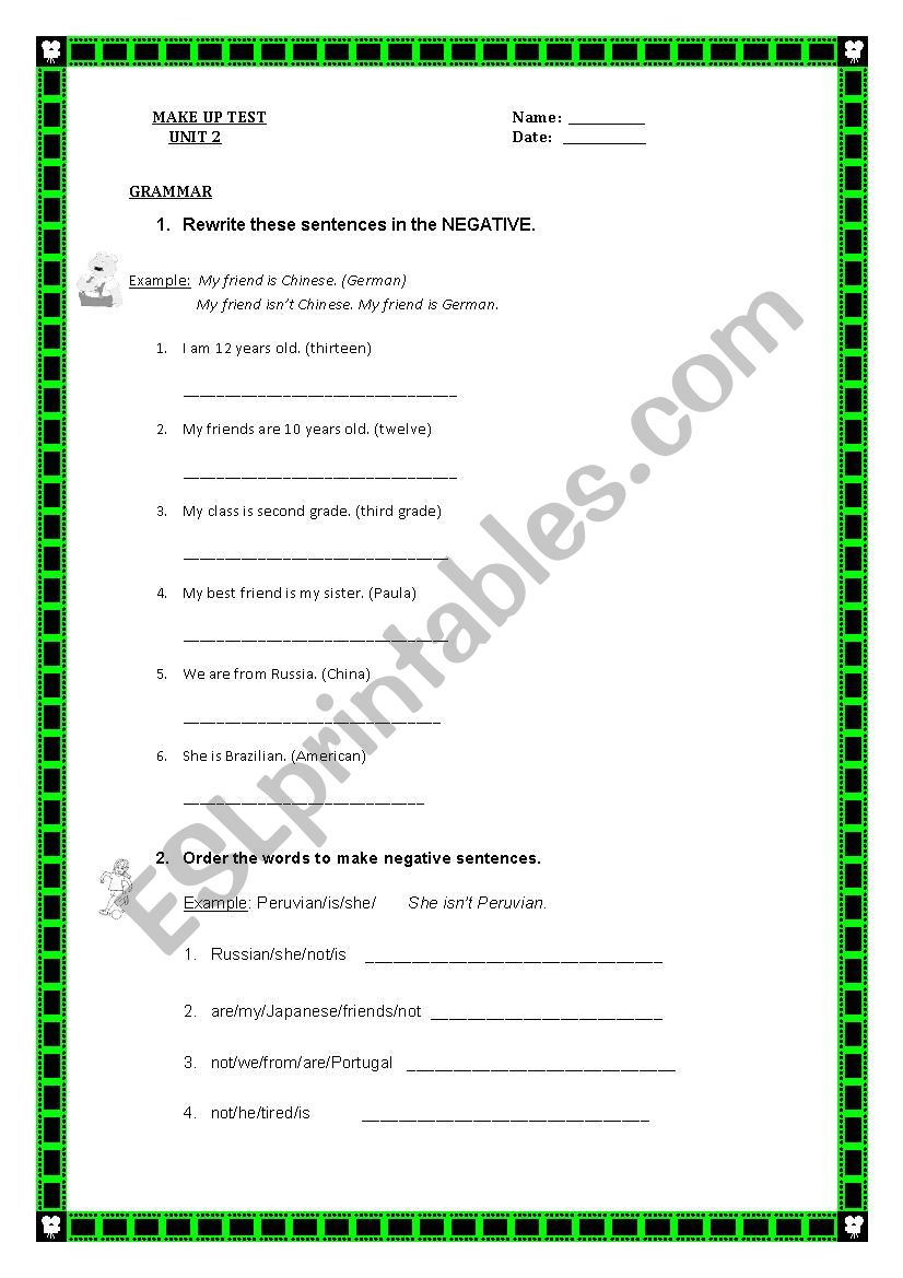 make up test on verb be in the negative, articles a / an, jobs, feelings, nationalities