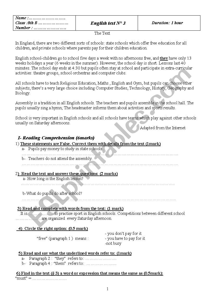 End of term test 8th form worksheet