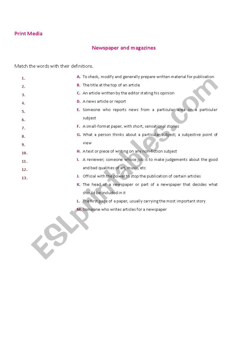 Print Media worksheet