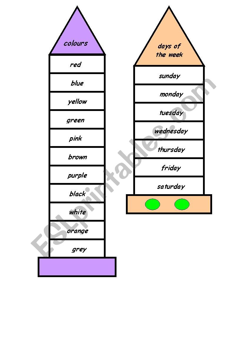 colours and days of the week bookmarks