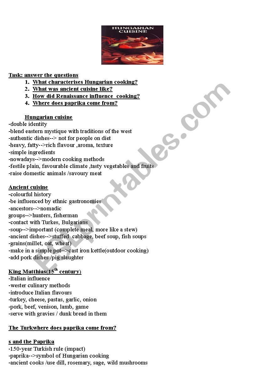 hungarian cuisine worksheet