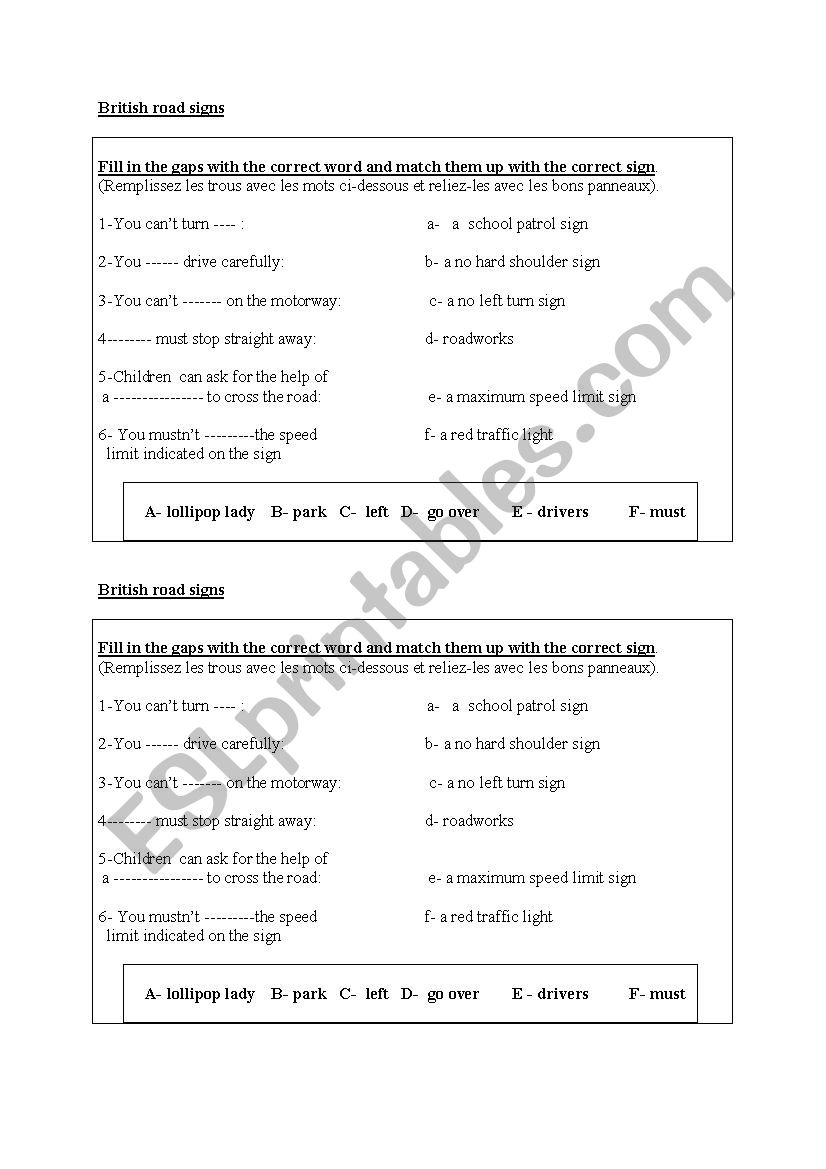 british road signs worksheet