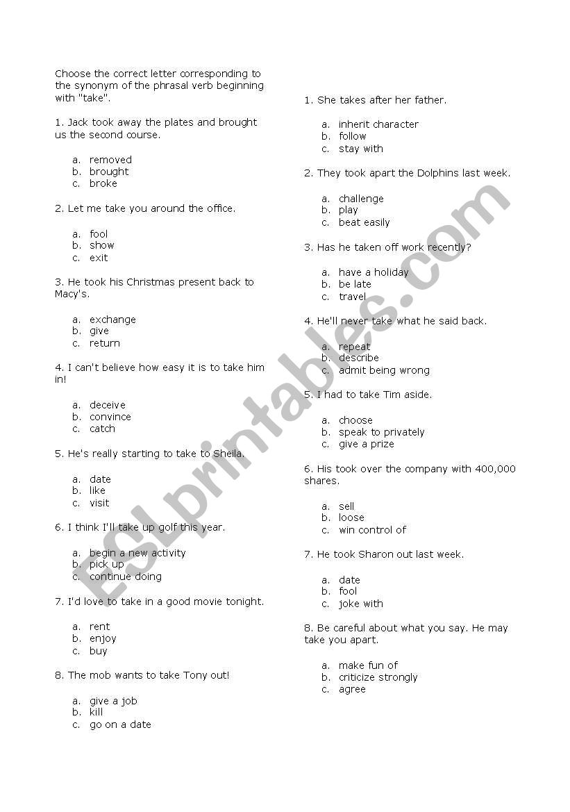 Phrasal verbs: take worksheet