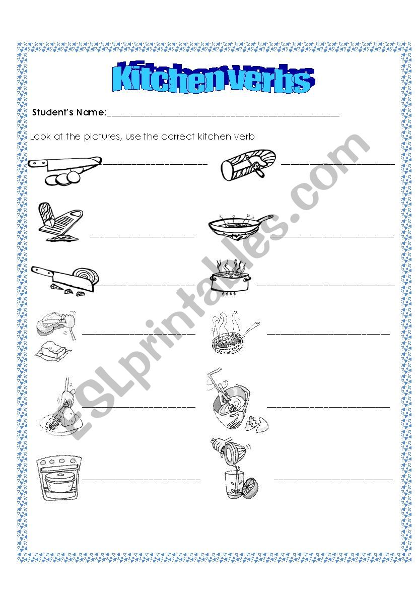 kitchen verbs worksheet