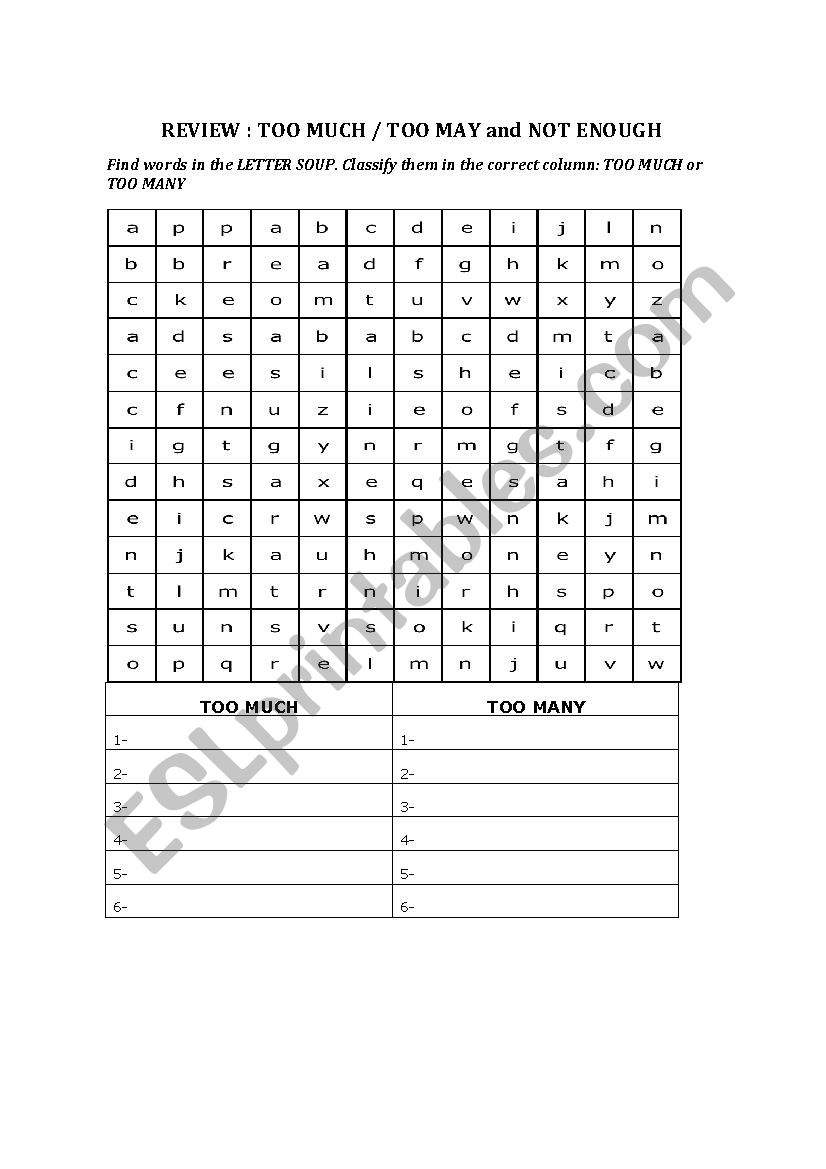Too much - too many- enough worksheet