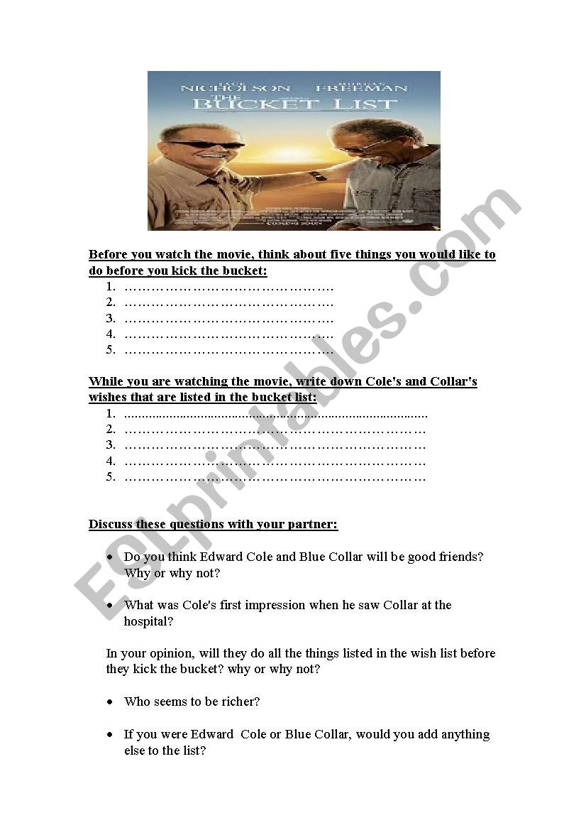 The Bucket List a movie-based worksheet