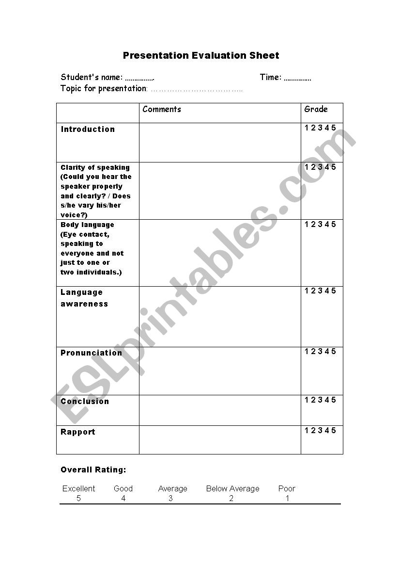 Presentation evaluation worksheet