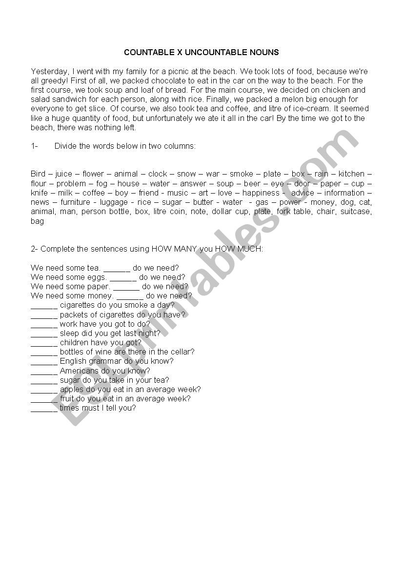 COUNTABLE X UNCOUNTABLE NOUNS worksheet