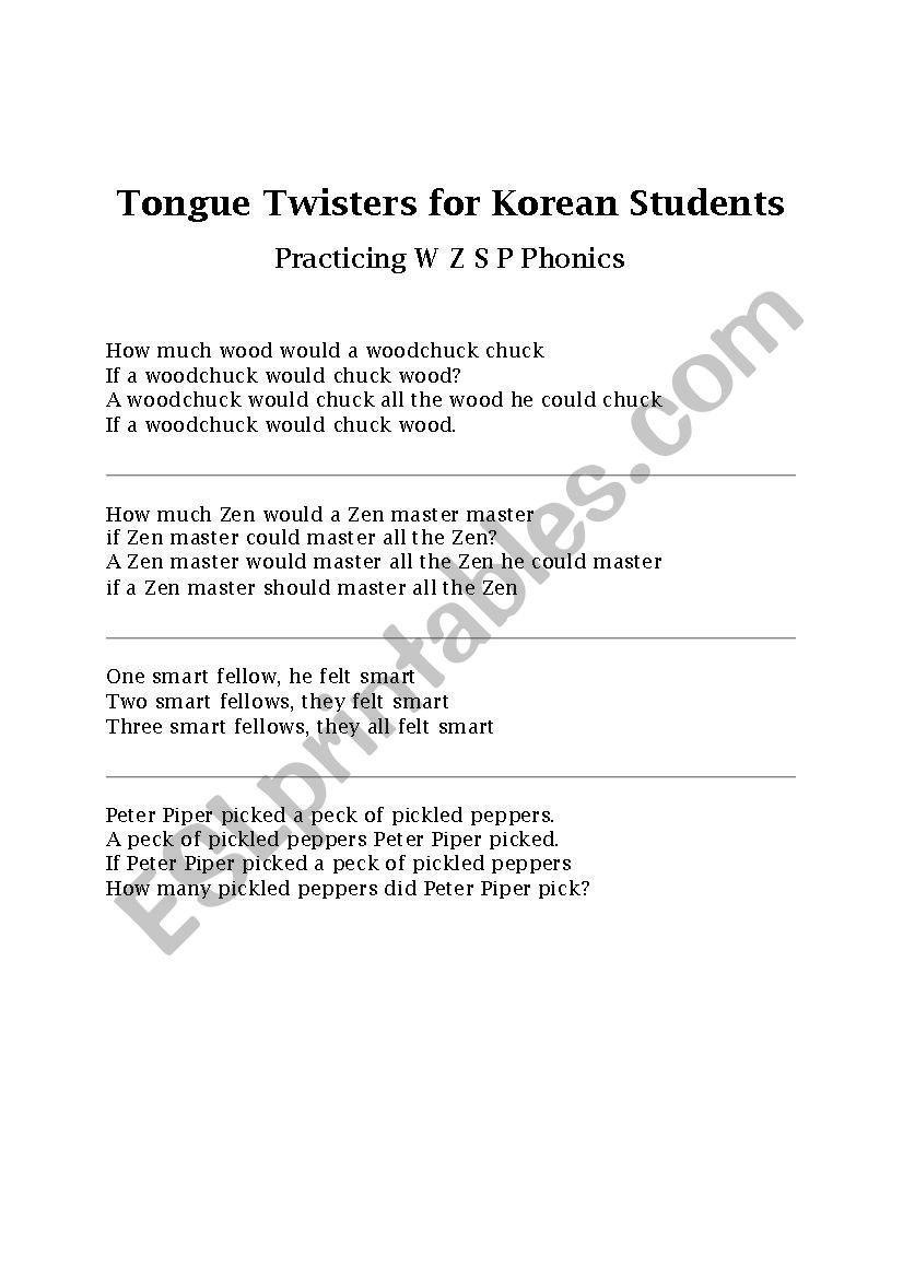 Phonics Tongue Twisters- practicing W, S, Z, P
