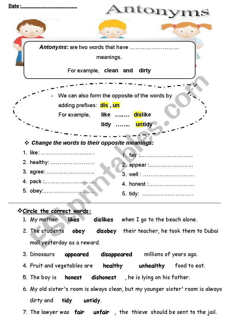Antonyms ( prefixes) worksheet
