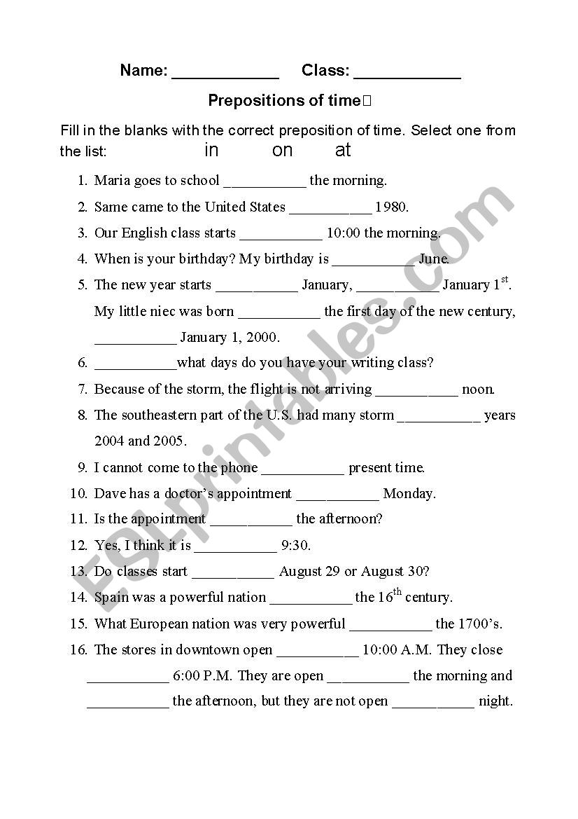 Preposition of time (in, on, at)