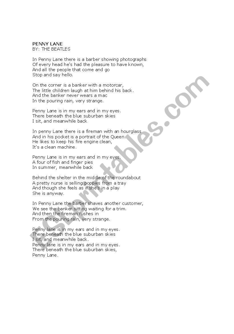 Song: Penny Lane, by The Beatles - ESL worksheet by egvlmexico