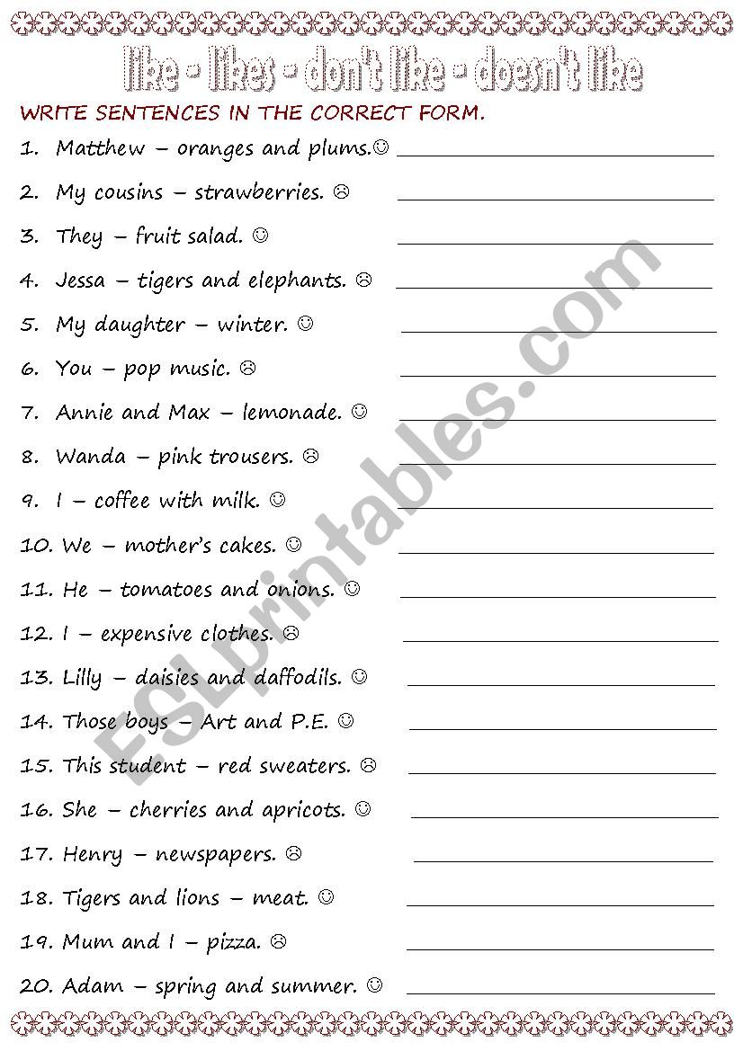 likes and dislikes worksheet