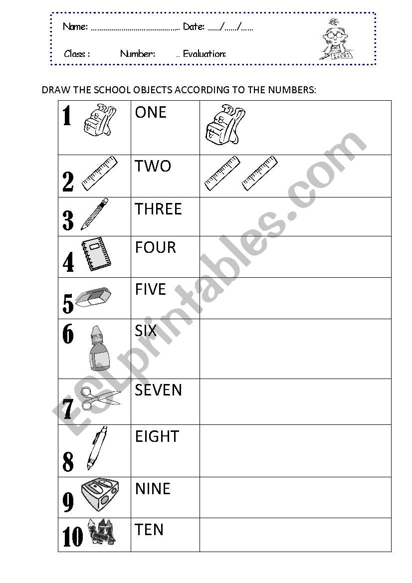 School objects and numbers worksheet