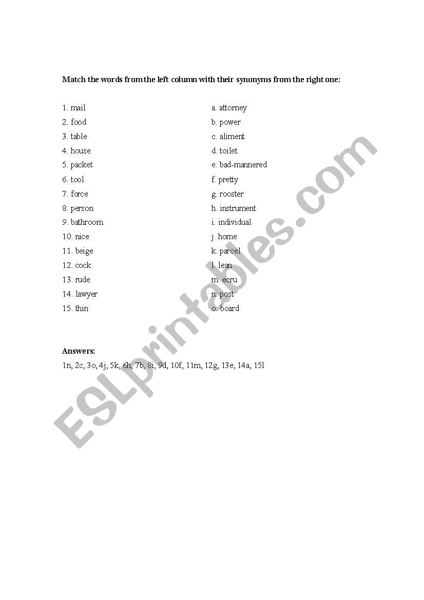 Synonyms worksheet