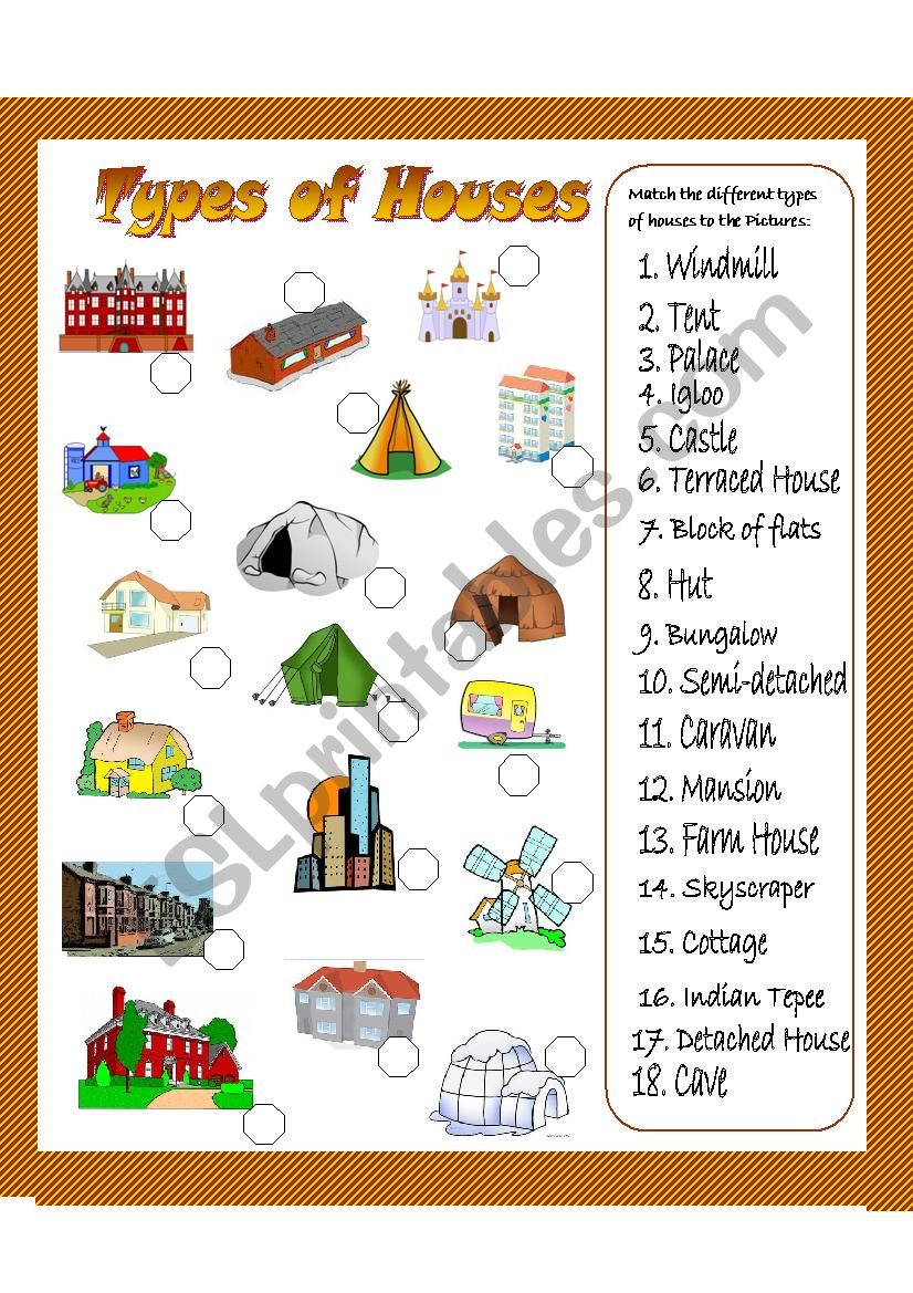 Types of houses. Matching exercise.