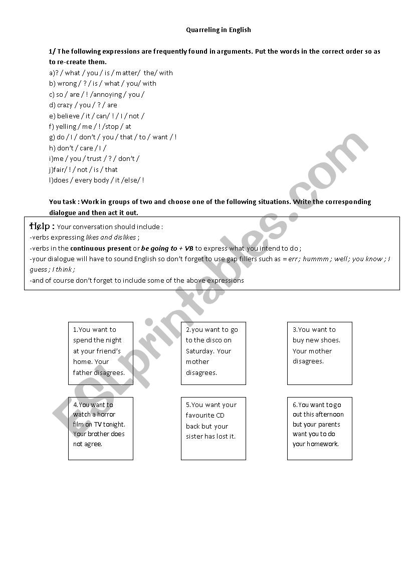 Quarreling in english worksheet