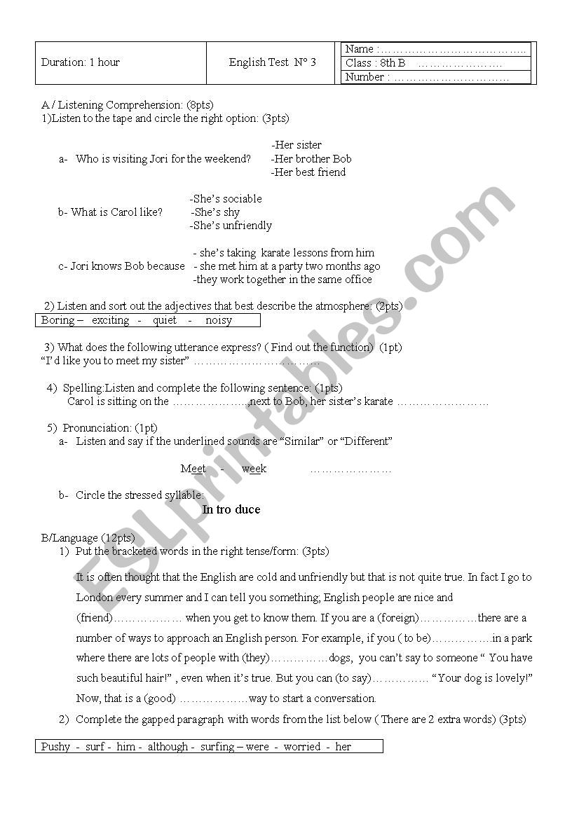 English test for 8th formers worksheet