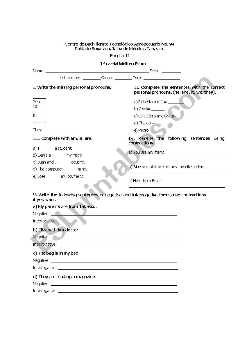 Written Exam worksheet
